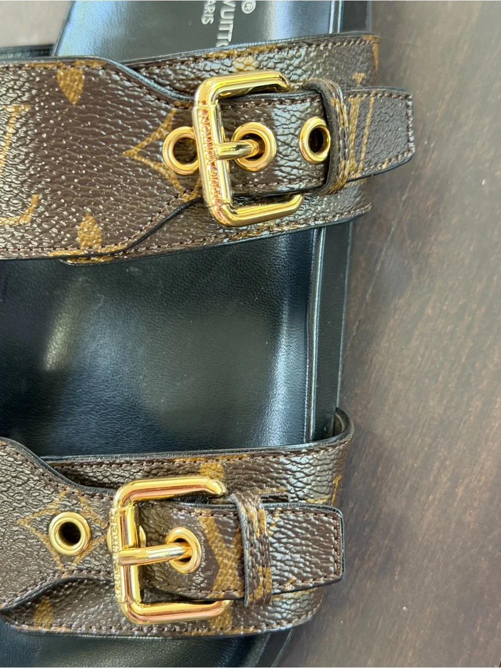 Louis vuitton Canvas Leather Logo Brown Slides Size: 8.5 | IT 38.